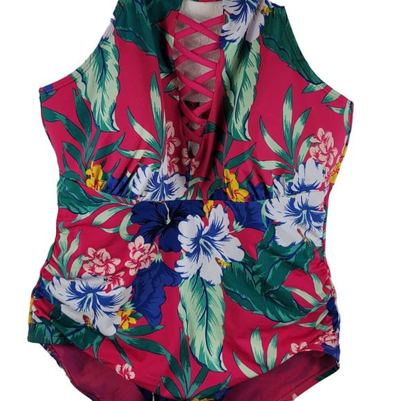 Cacique Hibiscus Tropic One Piece Bathing Suit 16 - Picture 2 of 7